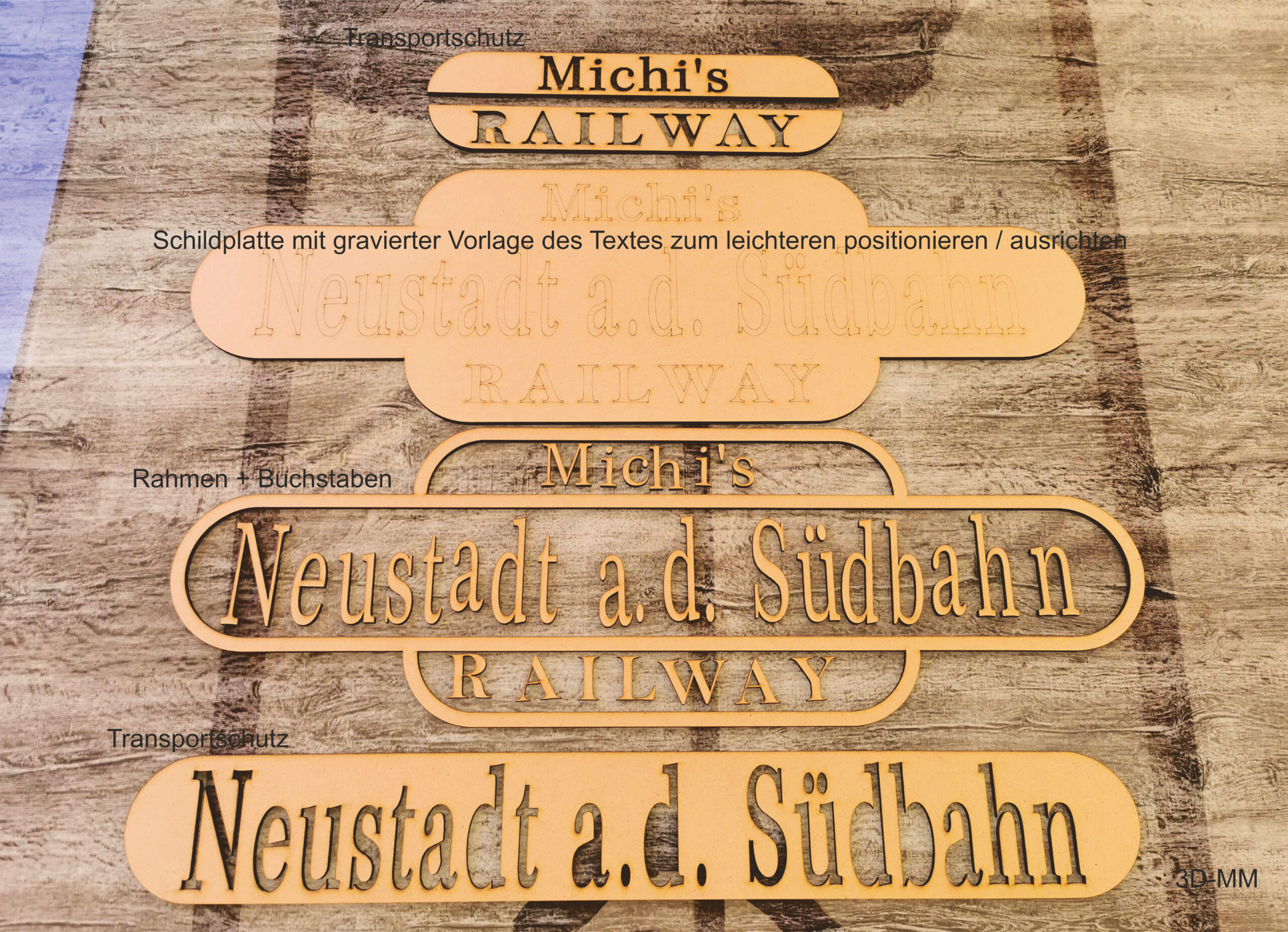 Bahnhofsschild - Holz mit 3 Linien zum Selbstgestalten – Bild 3